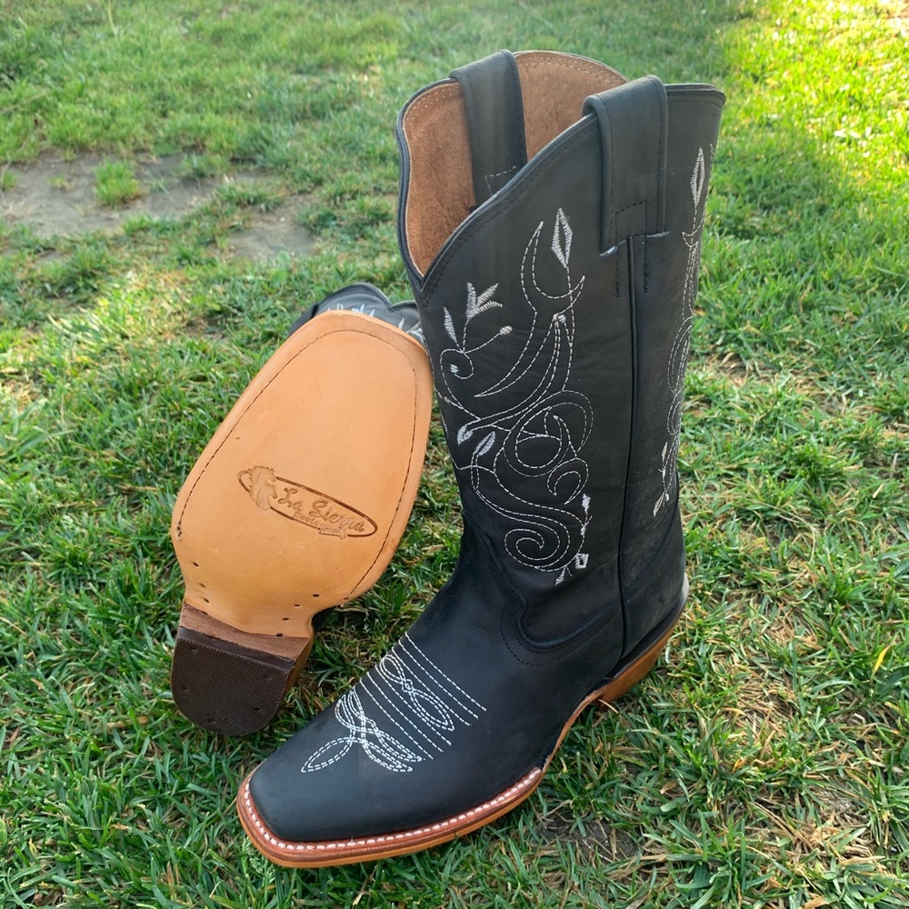 Women's Western Mexican Cowgirl Cowboy Boots Cubans heel Hand made Black 404